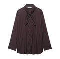 Brown women's poplin shirt with bow tie scarf, loose fit design