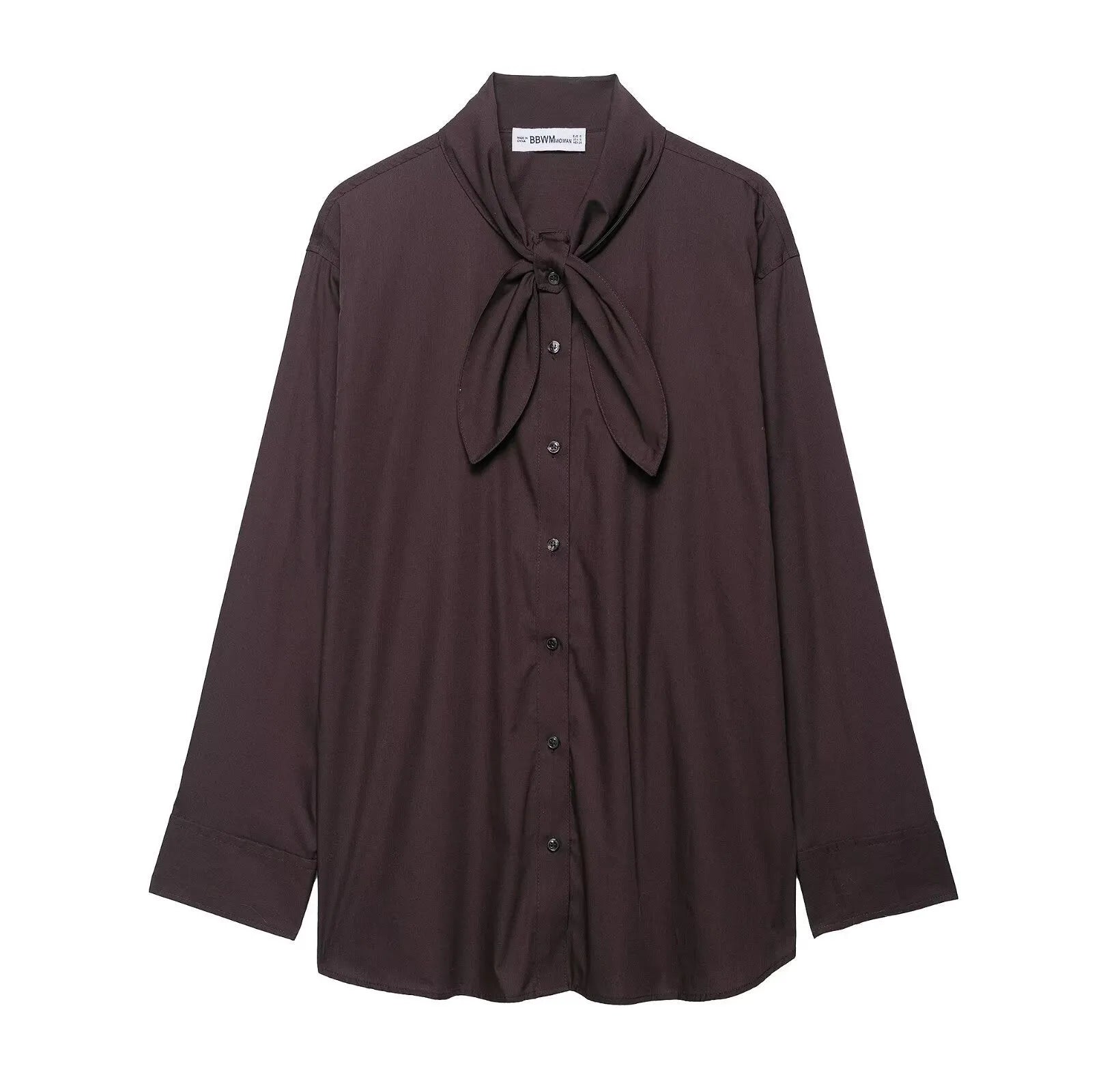 Brown women's poplin shirt with bow tie scarf, loose fit design