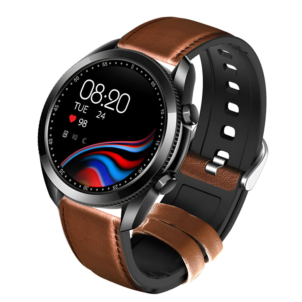 UM90 smart call watch with large screen on leather strap, showing fitness tracking interface.