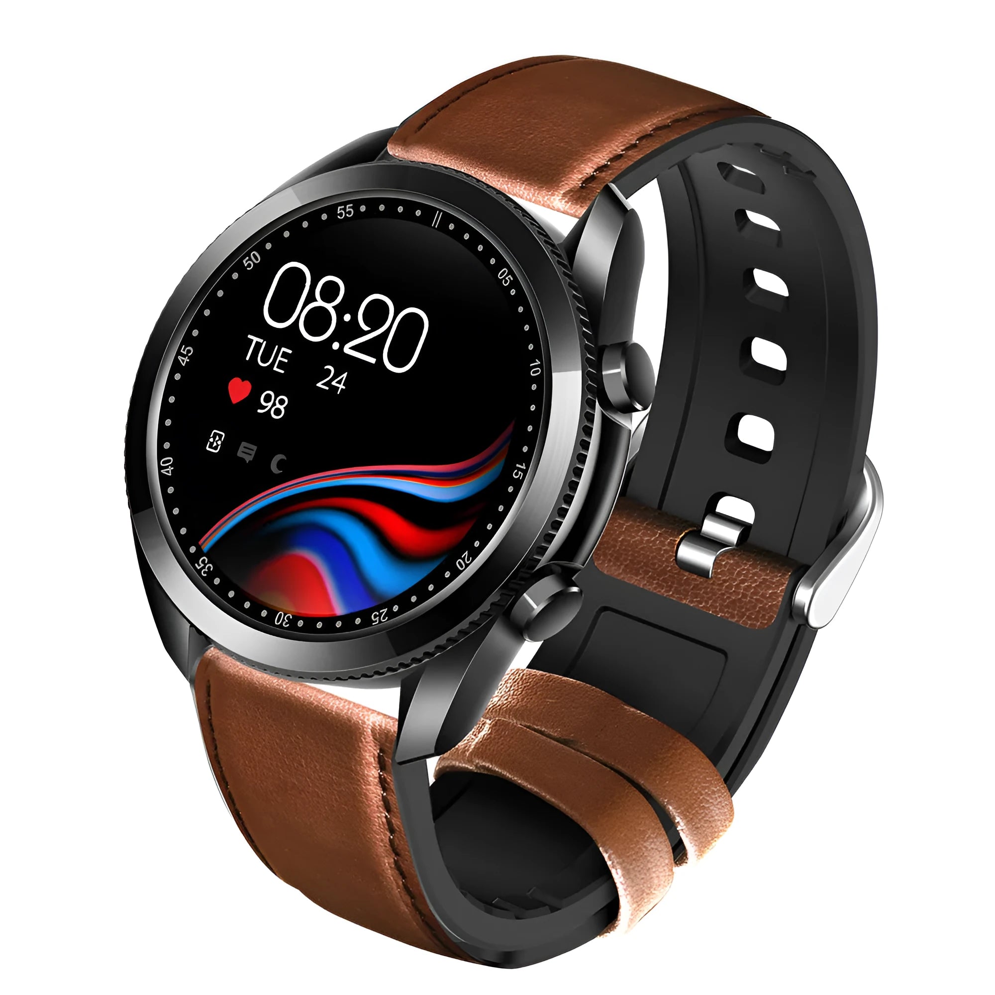 UM90 smart call watch with large screen on leather strap, showing fitness tracking interface.