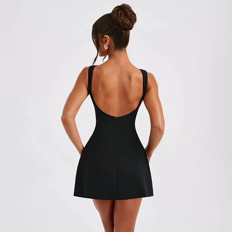 Women's black backless slim-fit summer dress with sleeveless sling straps and high waist.