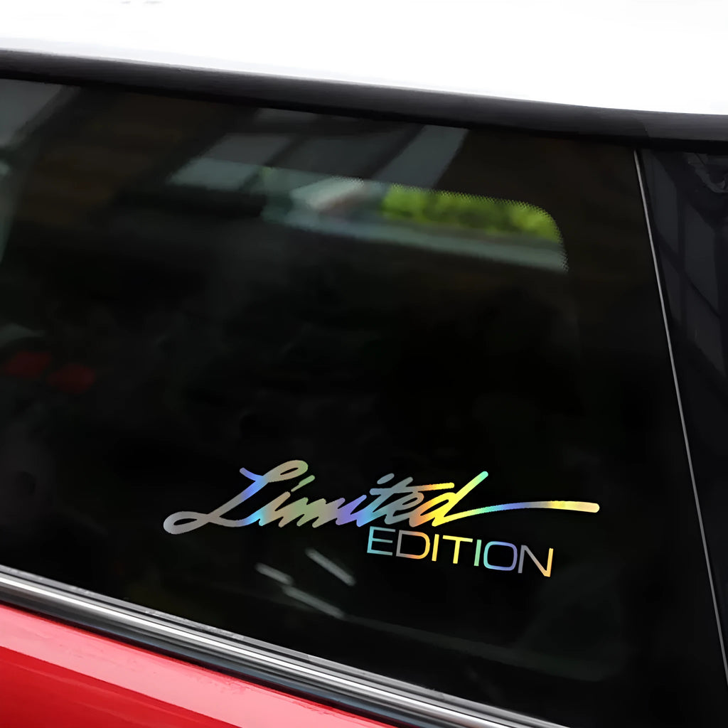 Black text laser reflective car sticker made from PET material for vehicle personalisation.