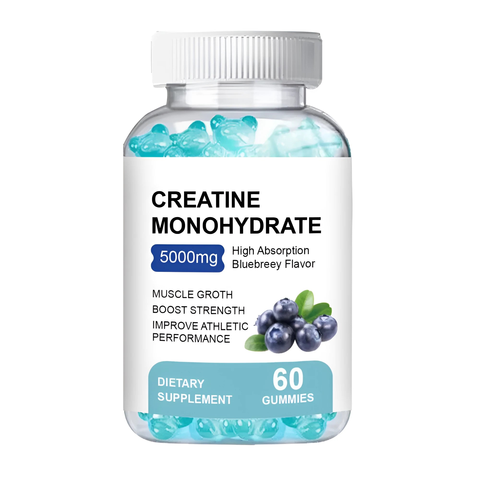 Jar of Creatine Monohydrate Gummies showing 60 fruit-flavoured soft chew supplements