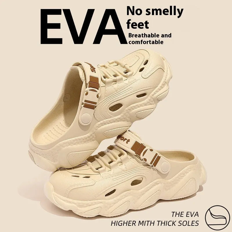 Men's khaki outdoor slippers with a breathable hollow-out design and textured EVA sole.