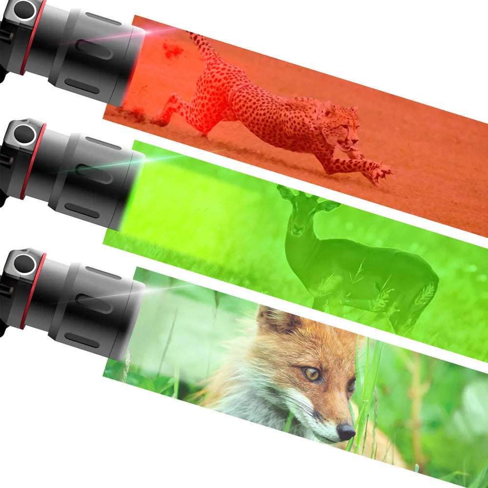 T6 LED zoom headlamp showing white, green, and red light modes on a headband.