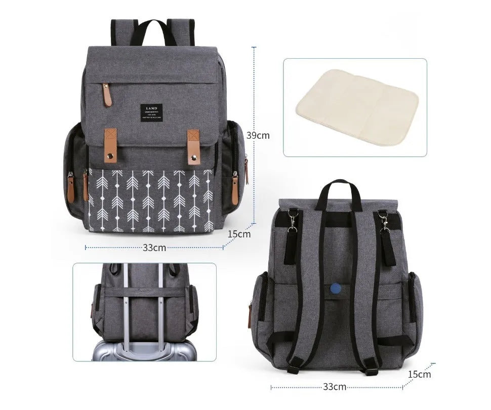 Large Oxford cloth diaper backpack with changing mat in beige colour, dimensions 33x39x15cm
