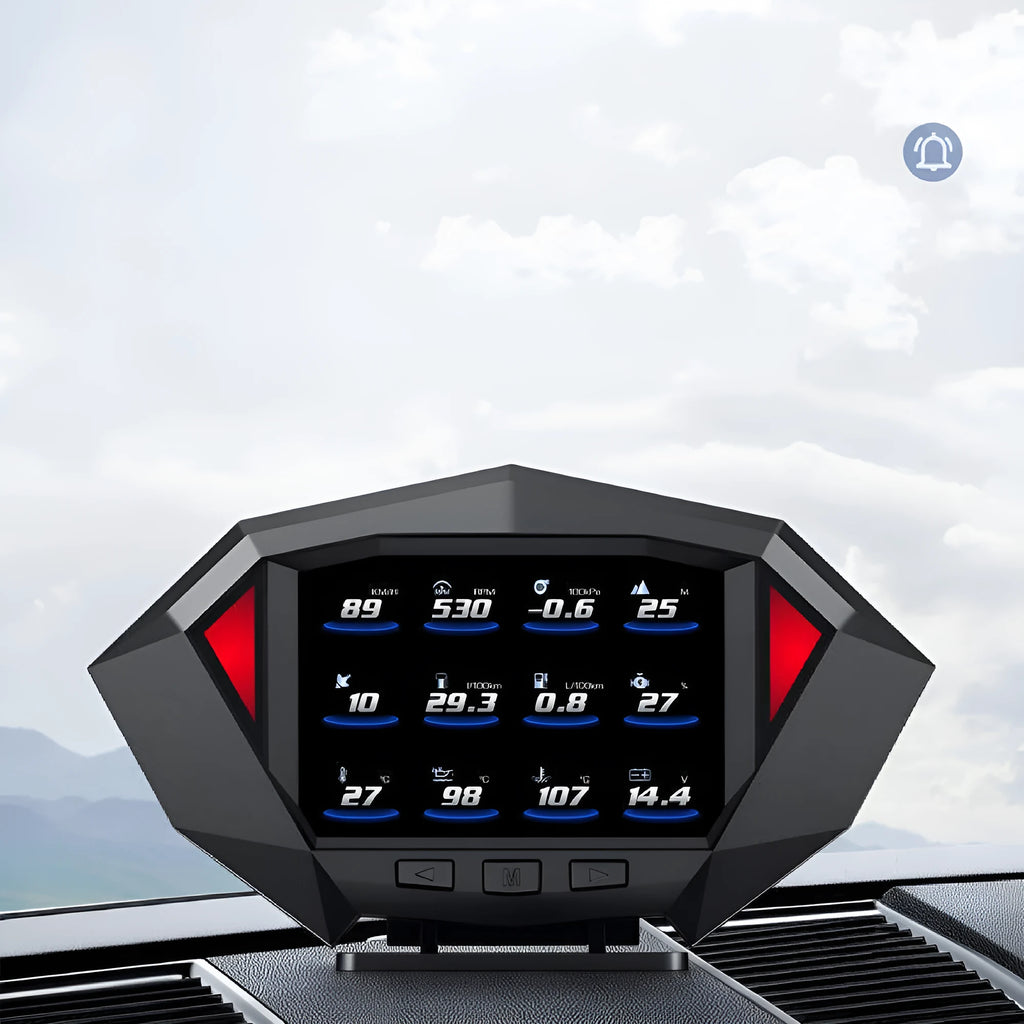 P1 black vehicle heads-up display unit with LCD screen, measuring 147mm wide