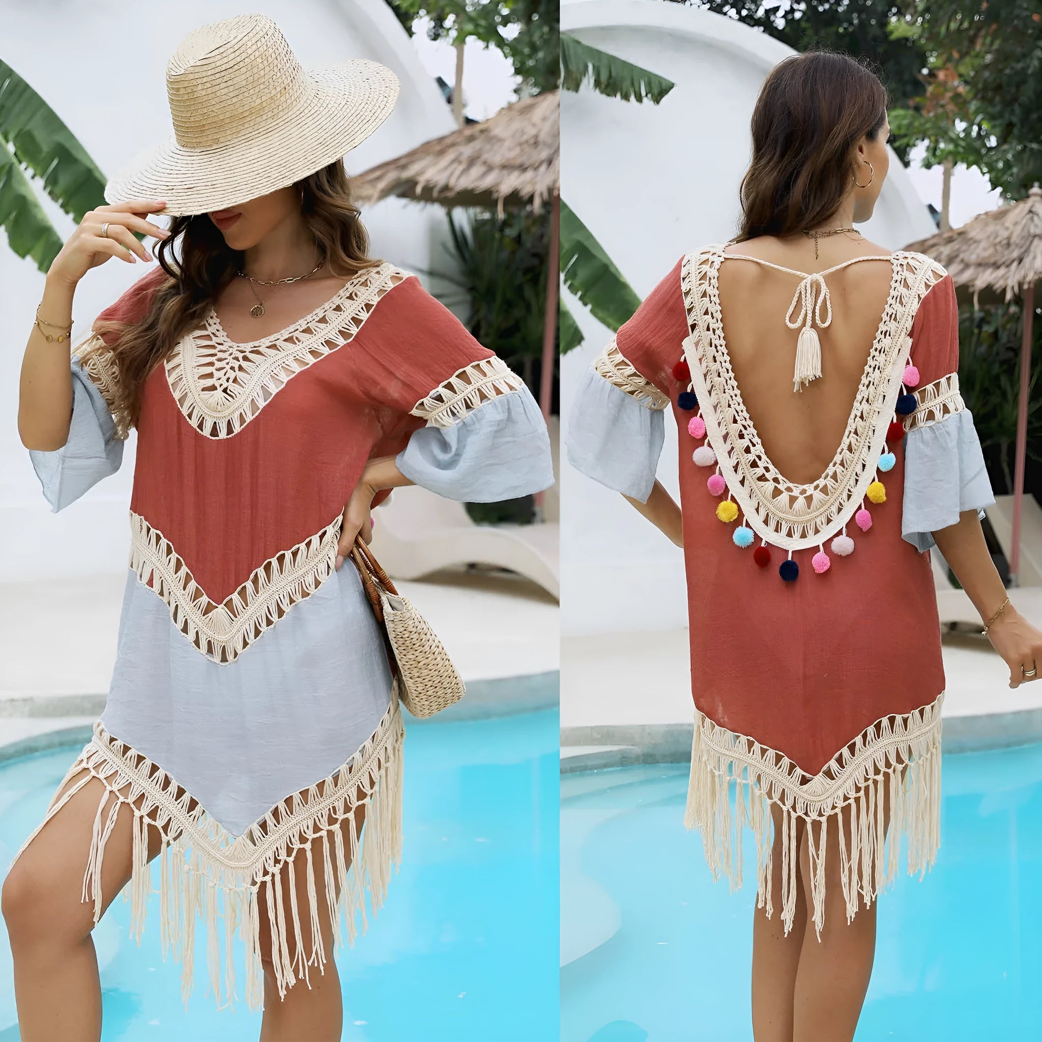 Orange floral pattern beach overskirt blouse with crochet stitching and tassel trim.