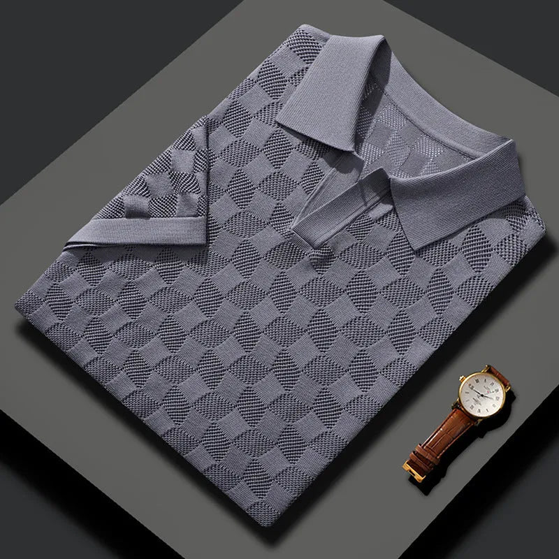 Men's mulberry silk short sleeve lapel sweater in a solid colour on a hanger.