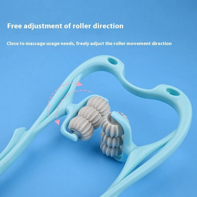 Blue plastic six-wheel neck and shoulder massager showing rotating mechanism