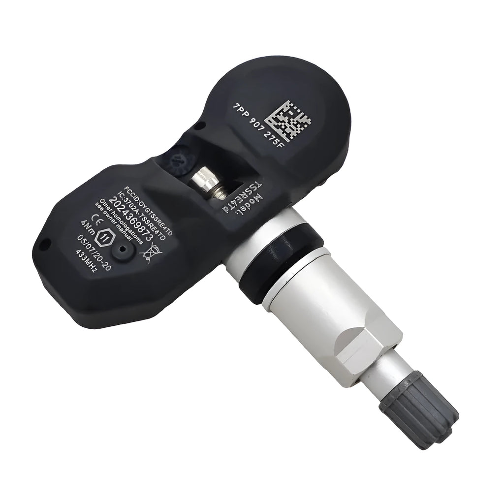 Black tyre pressure monitoring sensor for Audi vehicles on white background