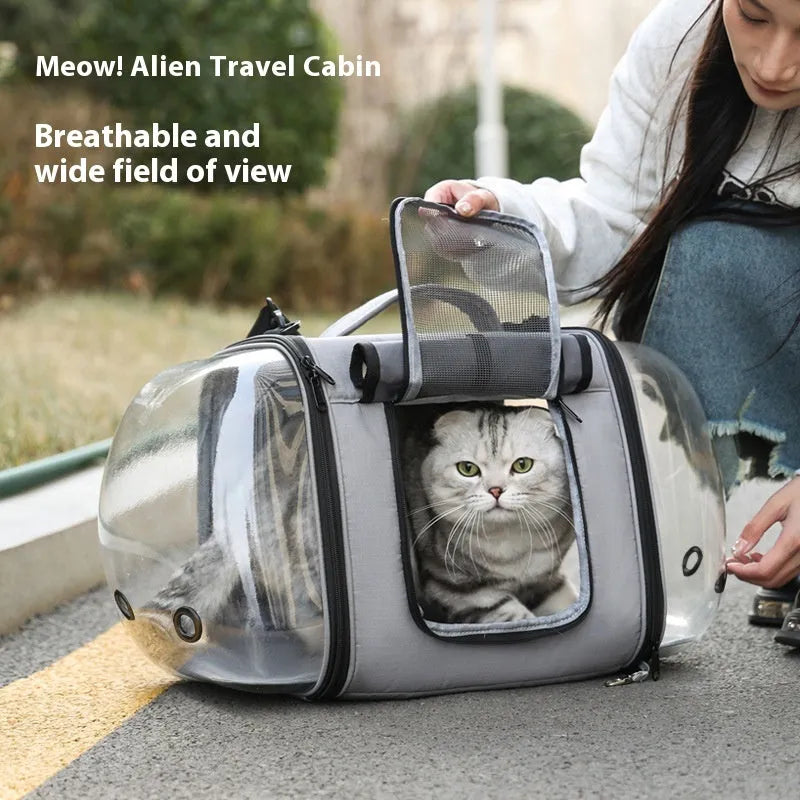 Outdoor portable one-shoulder pet bag in solid colour with roller shutter access for cats under 10.00kg