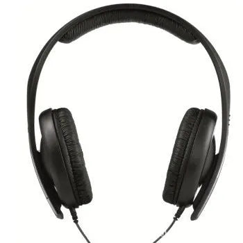 Black head-mounted stereo headphones with over-ear cups, a built-in microphone, and a 3.5mm plug on a 2.5m cable.