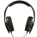 Black head-mounted stereo headphones with over-ear cups, a built-in microphone, and a 3.5mm plug on a 2.5m cable.
