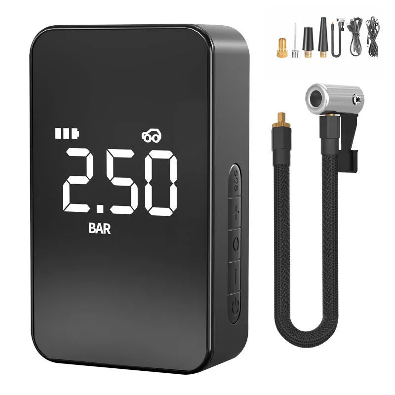 Small black wireless digital tyre inflator pump with a screen, showing 140psi max pressure