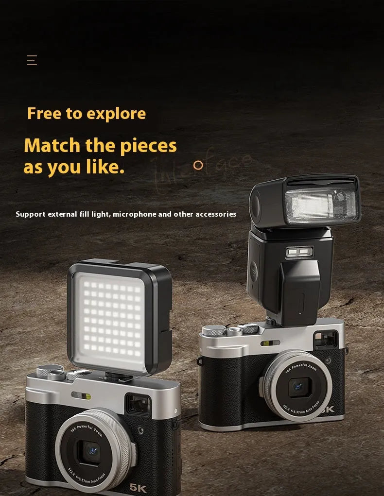 Black 5K HD digital camera with optical viewfinder and 2.88-inch screen shown with included accessories.