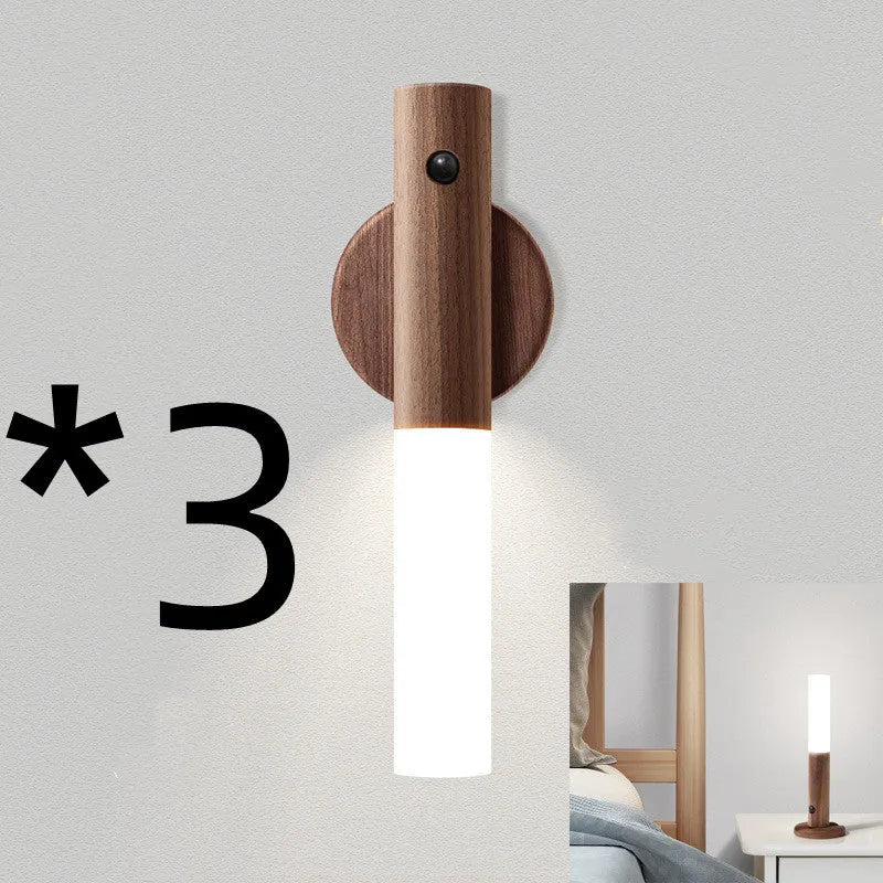 Compact smart sensor LED desk lamp made of solid wood and organic glass in coffee colour.