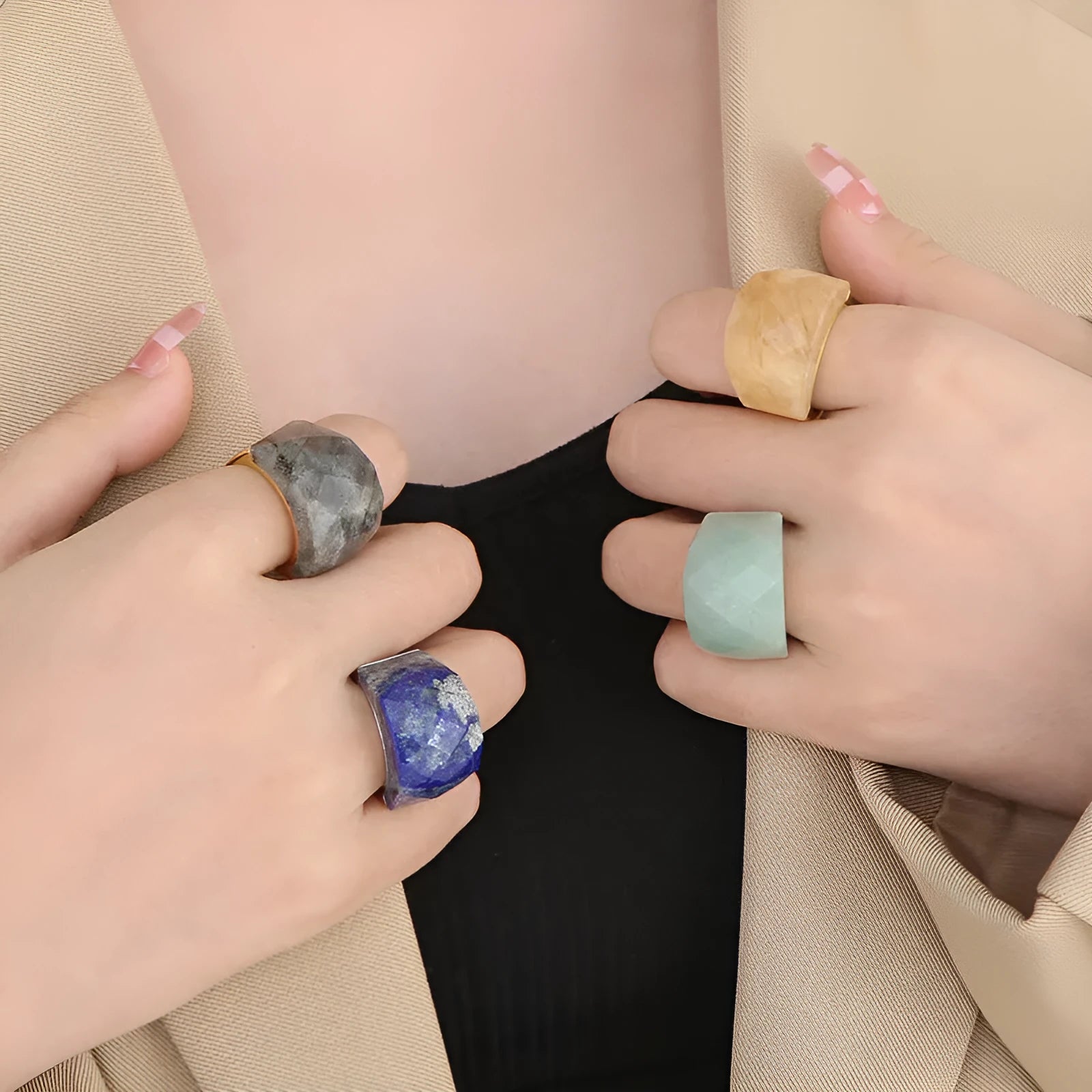 Women's stainless steel natural stone geometric ring 17mm width electroplated finish size 6 to 9