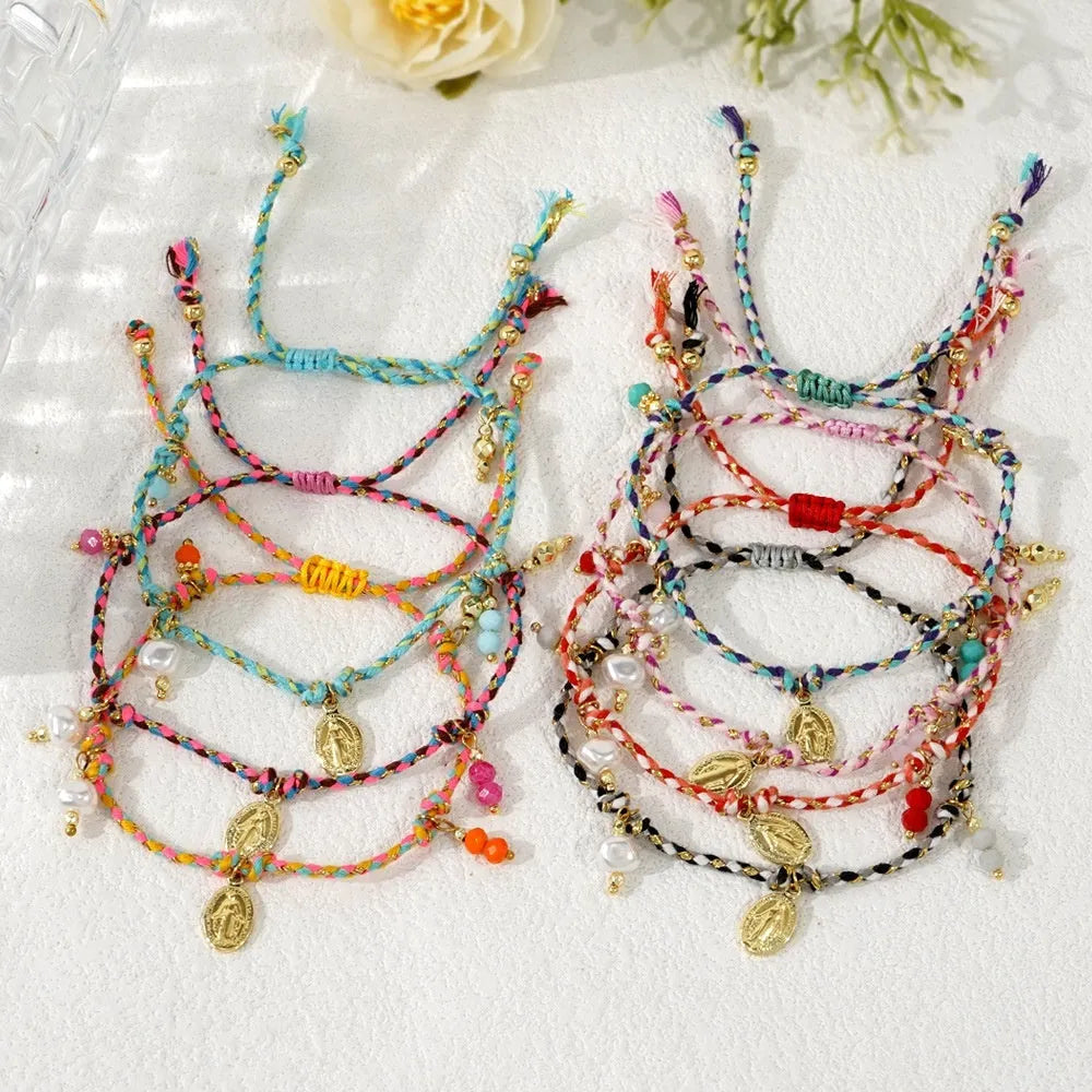 A colourful hand-woven braided rope bracelet with an adjustable strap and tag charm.