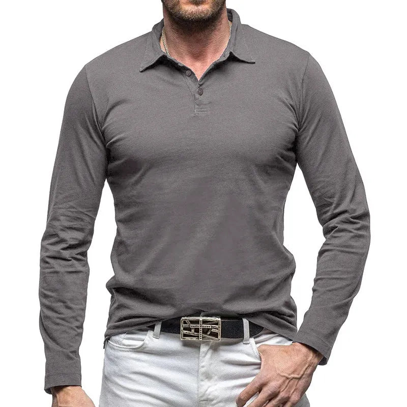 Men's polo collar long sleeve cotton T-shirt in American retro style, shown in dark grey.
