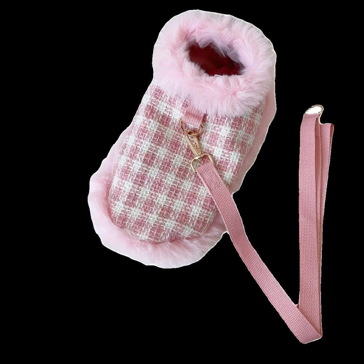 Pink polyester cat traction clothing set with cape, beret, and hand-holding rope in five sizes
