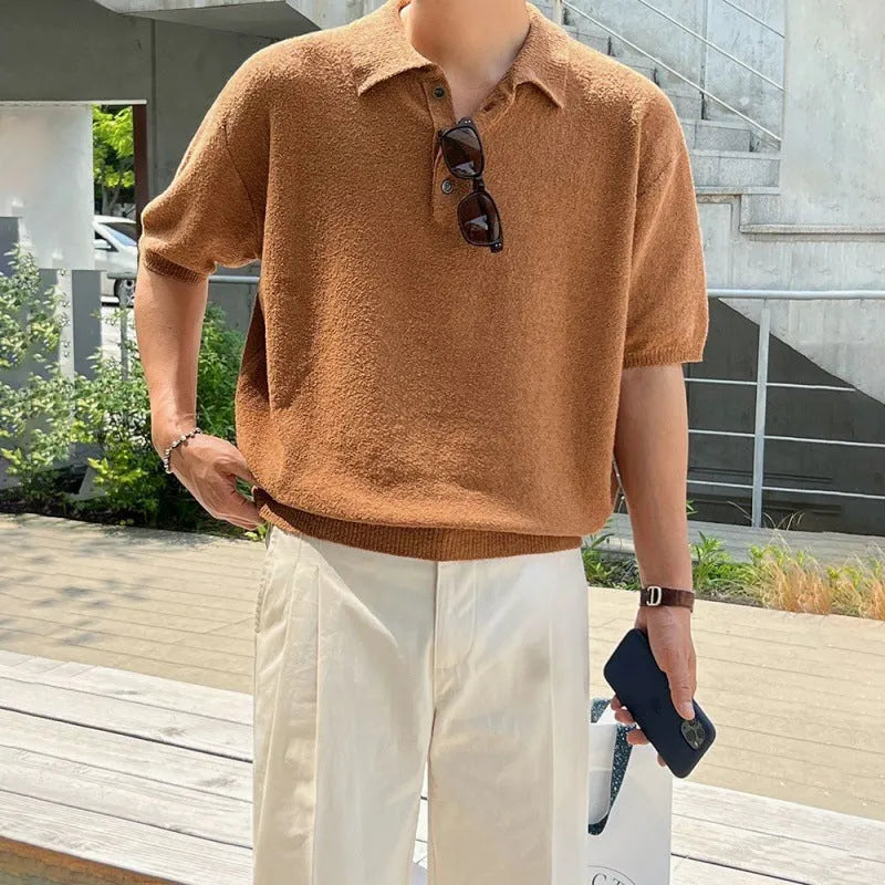 Men's caramel coloured retro knitted polo shirt with asymmetrical design and short sleeves