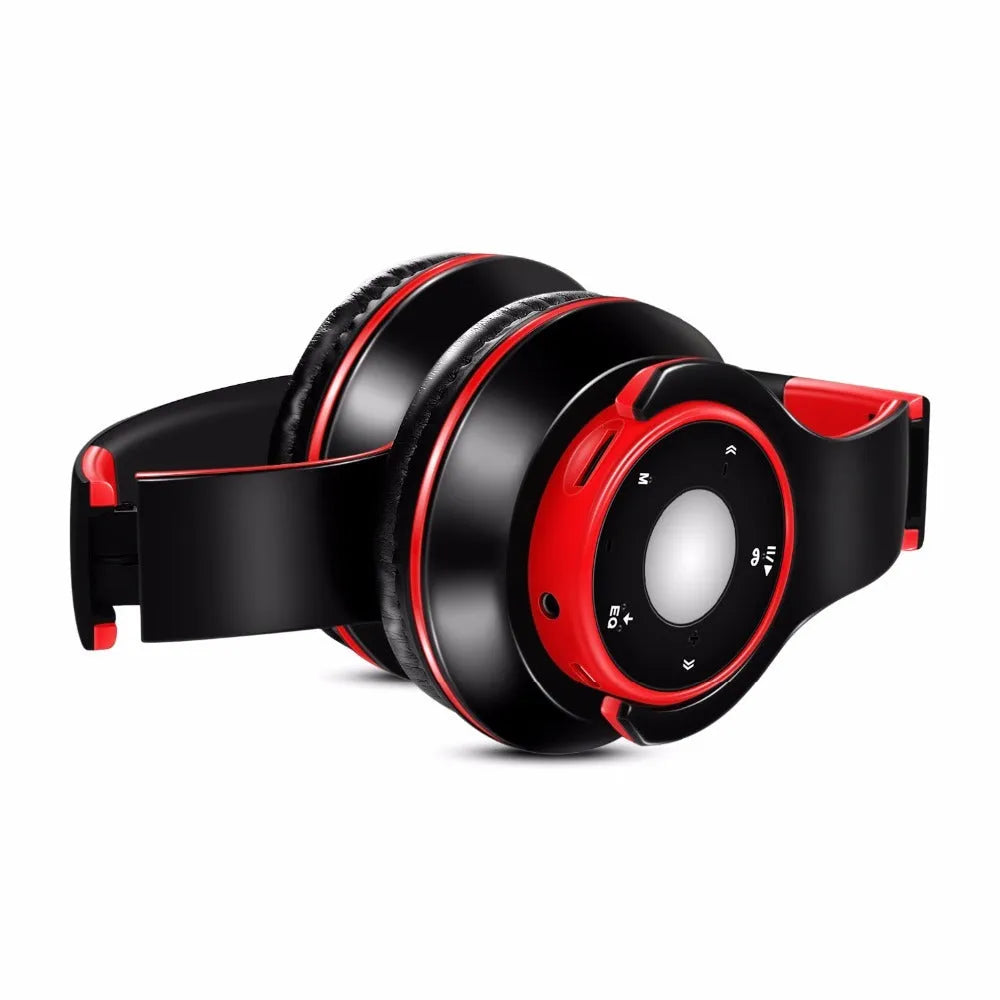 Blue, red, and rose red foldable wireless Bluetooth headset with adjustable hinges and MP3 support