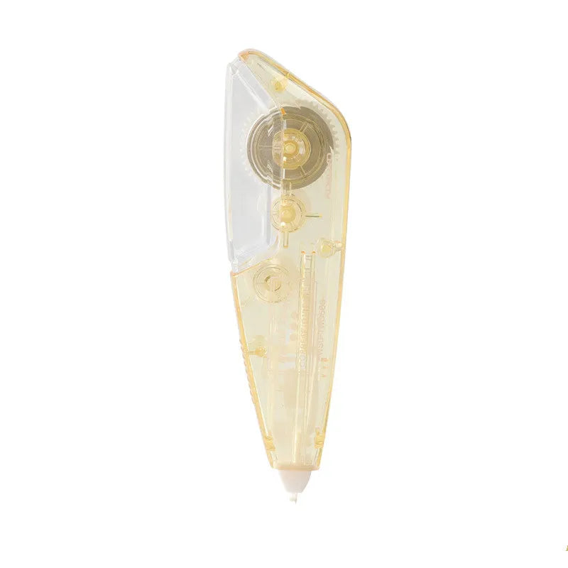 Refillable correction tape with transparent cartridge in black, white, blue, pink, or yellow colours
