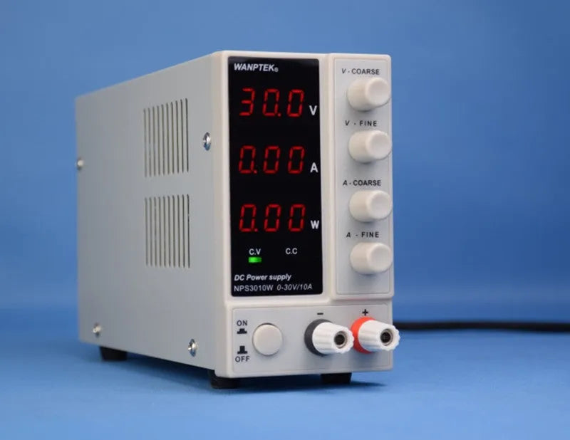 White bench power supply unit with digital display for electronics testing and mobile phone repair
