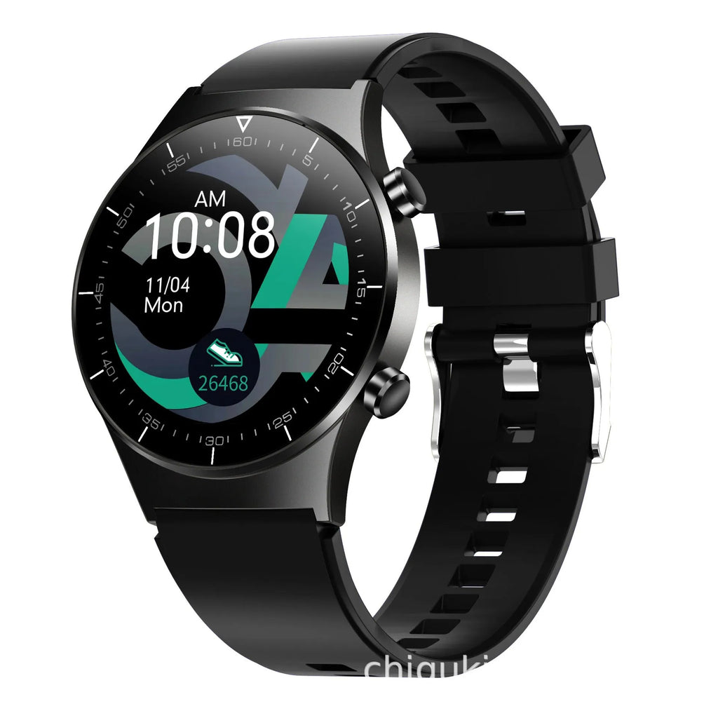 Black smart watch with TPU wristband showing 1.28-inch touch screen displaying heart rate and step count