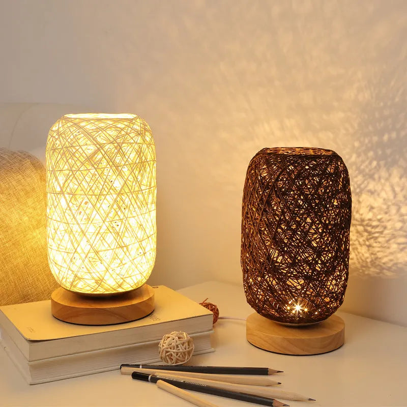 Sepak takraw twine desk lamp with hemp rope shade on solid wood base