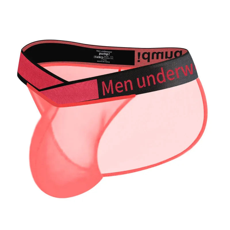 Men's transparent ice silk briefs with large V gradient high fork design in red, black and white colours