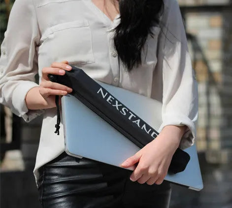 Black folding portable laptop stand showing reinforced nylon construction and compact 35.4cm design
