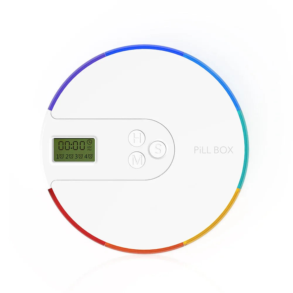 Seven-compartment alarm clock pill dispenser showing medication storage and electronic display