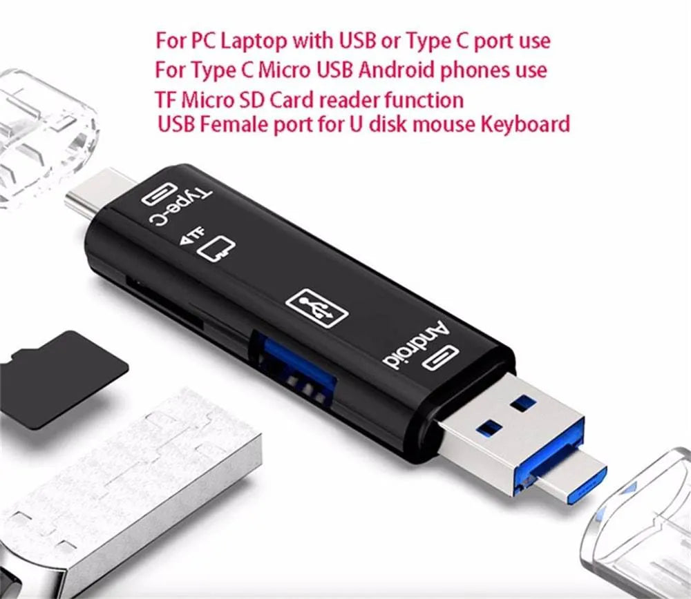 Black and white USB-C to Micro USB OTG hub adapter with TF card slot and two USB ports.