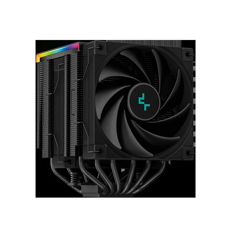 Deepcool Twin Tower CPU air cooler with digital temperature display showing black and white colour options