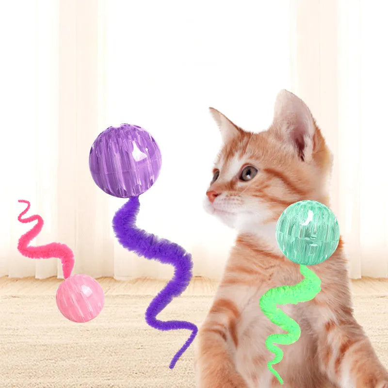 Interactive cat ball toy with TPR bouncy ball and plush tail in green colour