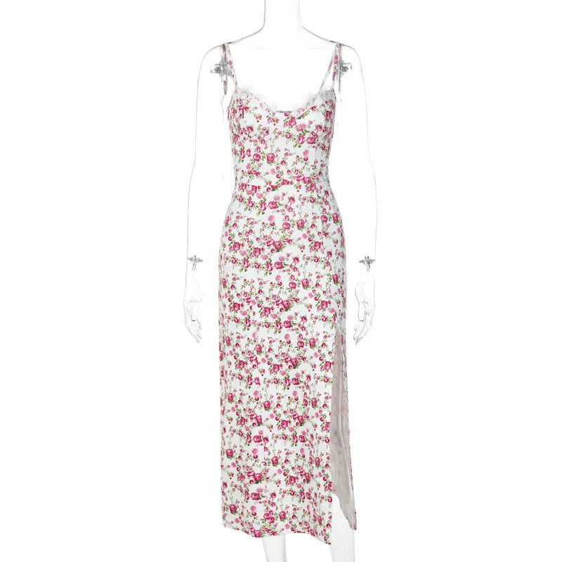 Women's long dress with lace flowers print, slit detail, and suspender straps in solid colour