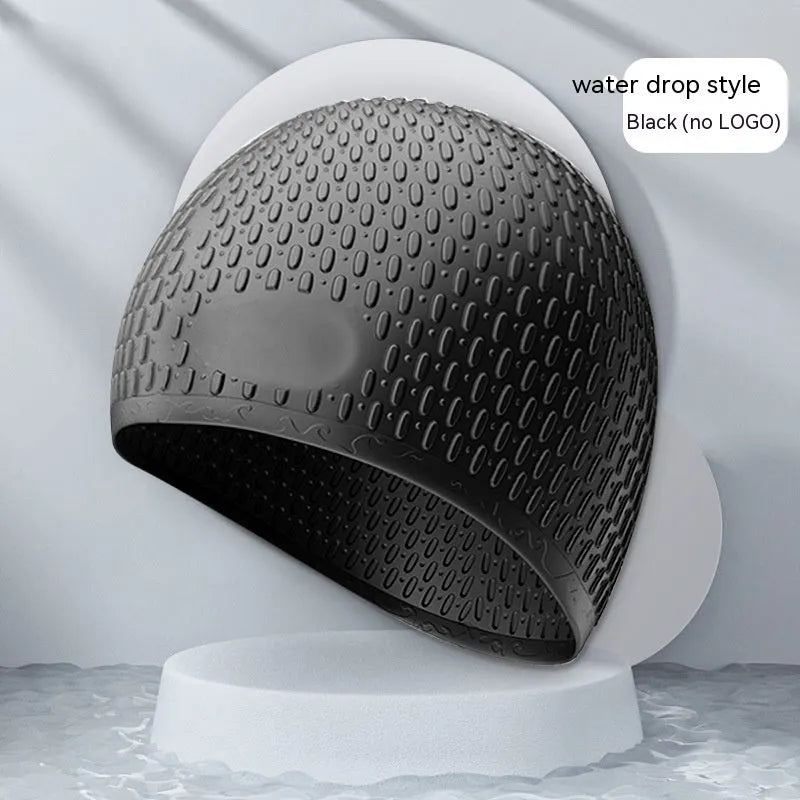 Silicone adult swimming cap with water drop texture in solid colour options on white background.