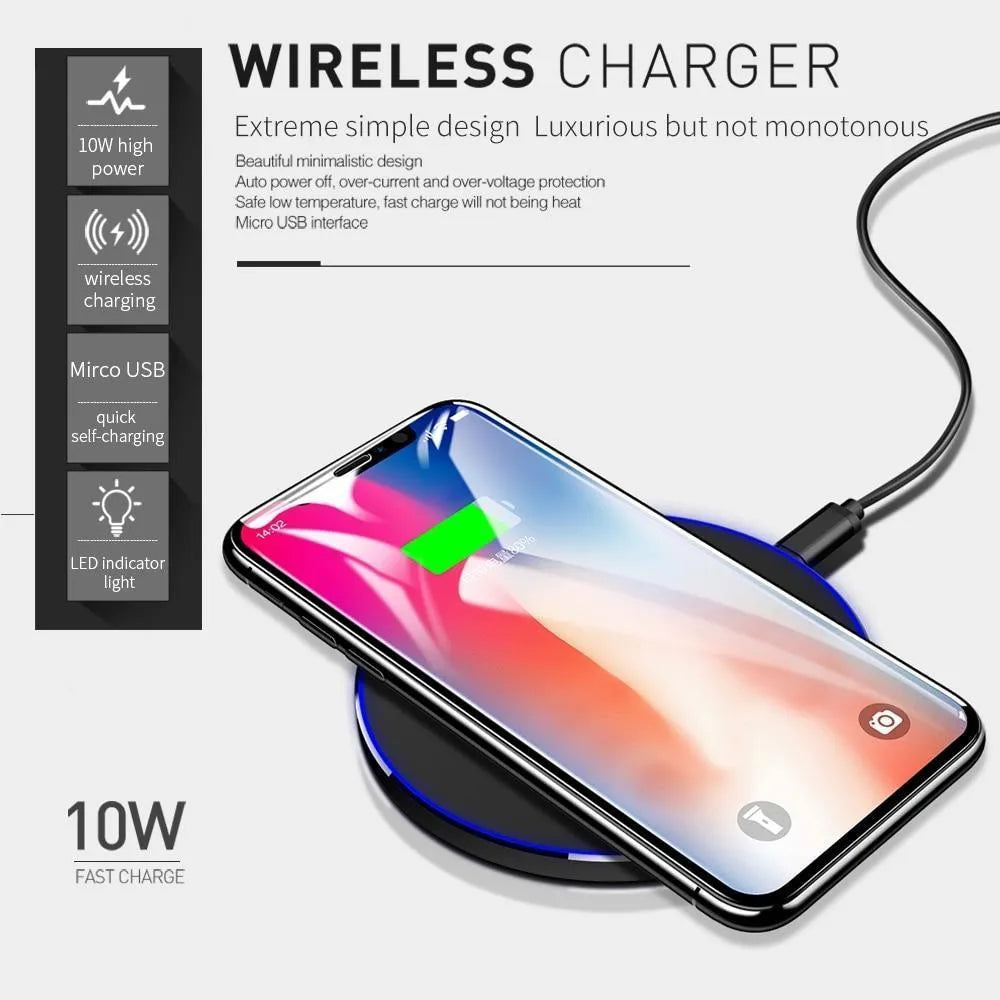 Black ultra-thin 98mm square wireless fast charging pad with USB cable for QI-enabled devices