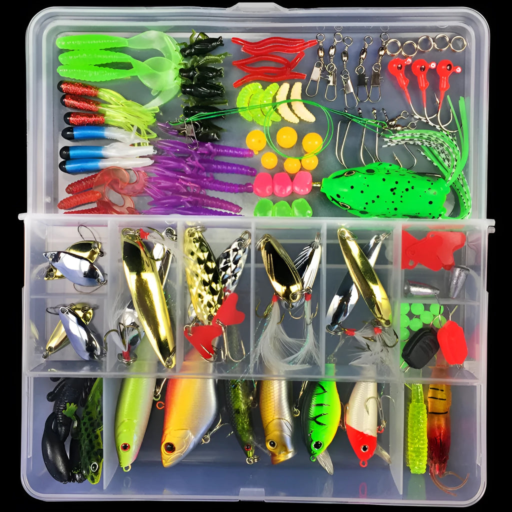 Junior entry-level fishing bait lure suit set in a PP storage box, showing multiple lure types.