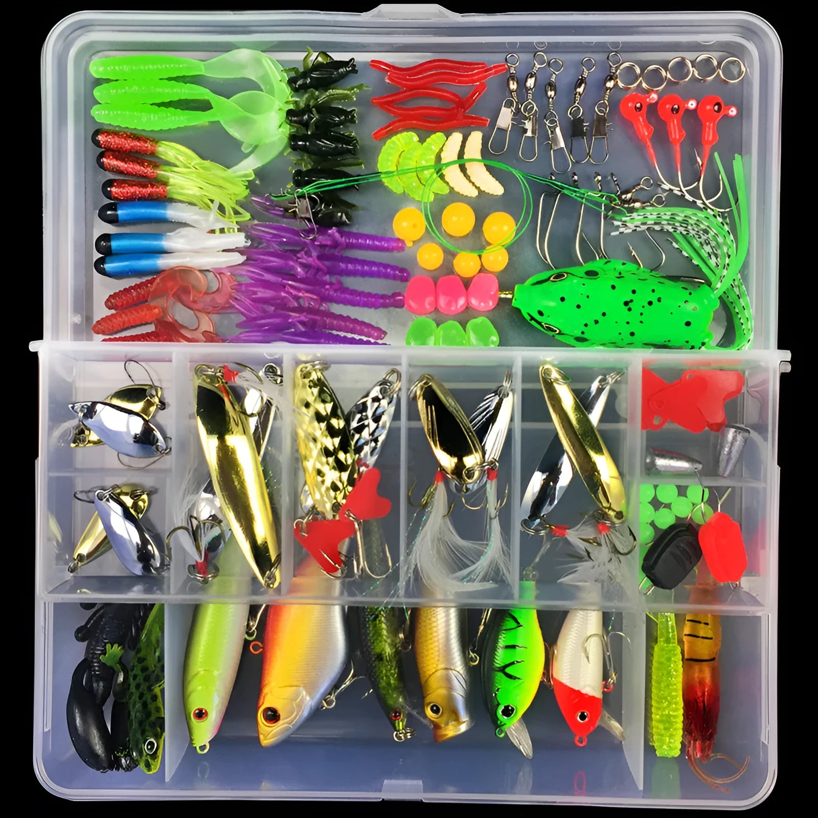 Junior entry-level fishing bait lure suit set in a PP storage box, showing multiple lure types.