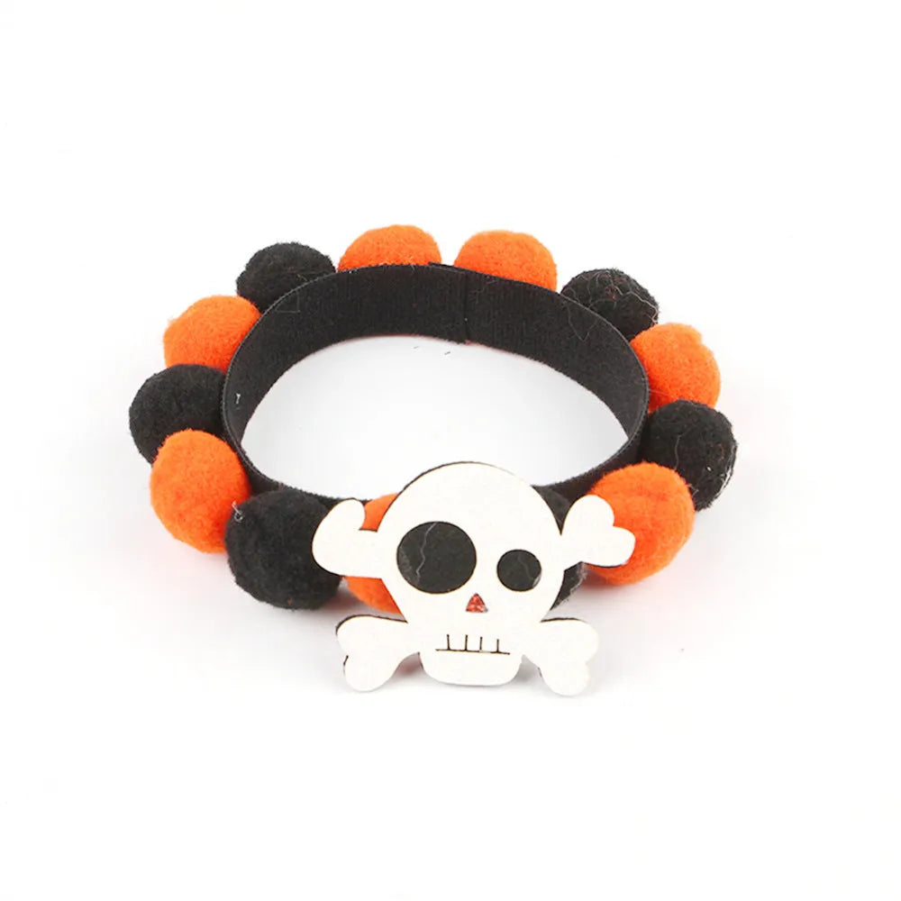 Halloween pet collar with fluffy fur ball accessory in pumpkin design, shown in size M
