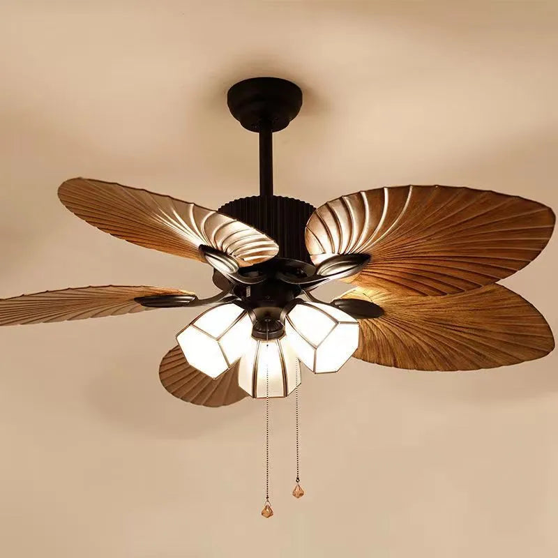 52-inch retro style ceiling fan light with wooden blades and integrated lighting fixtures