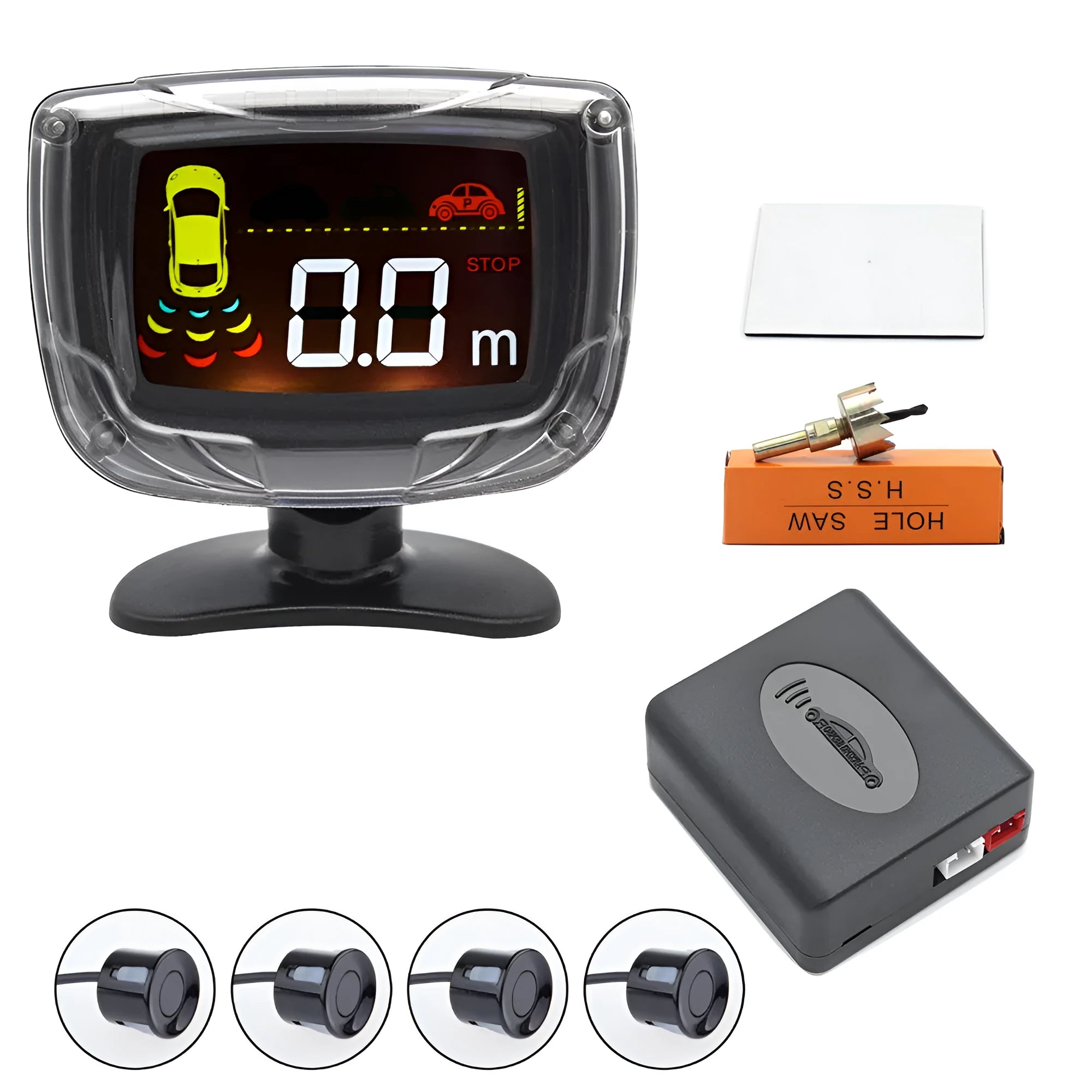 Black wireless reversing sensor kit with digital display, four round probes, power cable, and installation tools.
