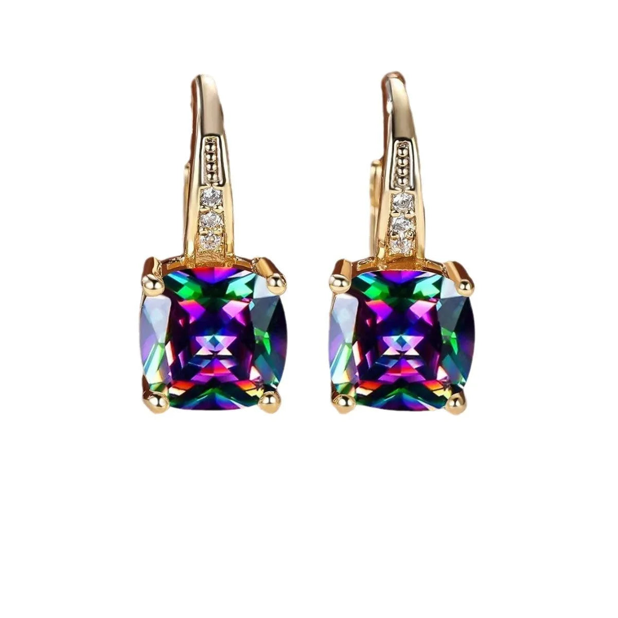 Geometric square copper ear clip earrings with moissanite inlays in a gold electroplated finish.