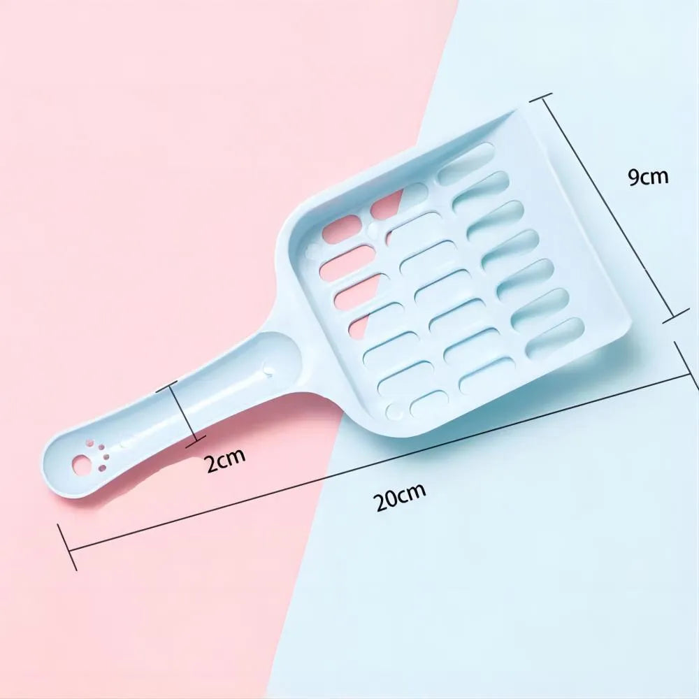 Plastic cat litter scoop in blue, green, or pink colours showing dimensions of 20cm length