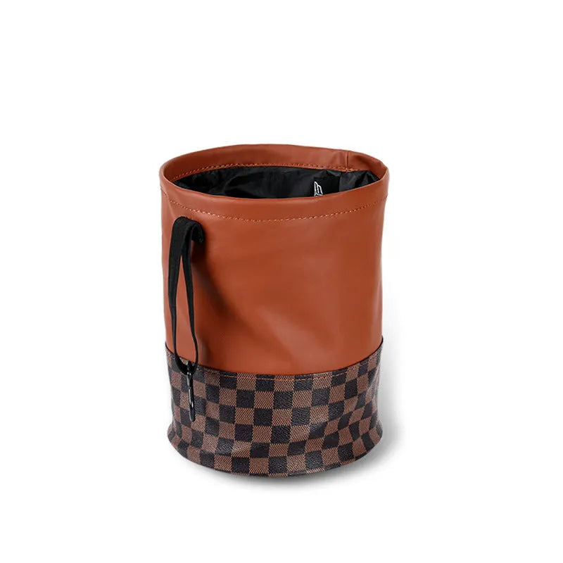 Retractable leather car interior trash can showing folded and extended positions