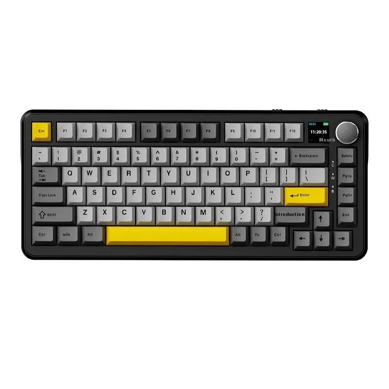 Three-mode mechanical keyboard in black, grey, or yellow with wireless connectivity and hot-swappable switches
