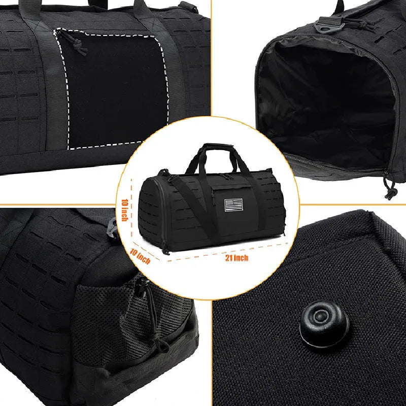 Men's khaki waterproof sports handbag with air pillow shoulder strap, showing 56x26x25cm size